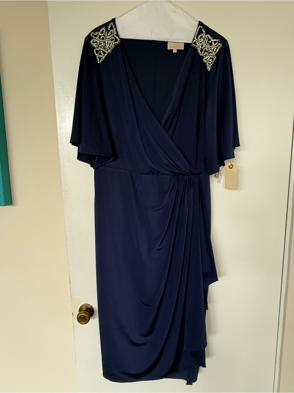 Jenny Packham Navy Beaded-Shoulder Midi Wrap Dress with Drape